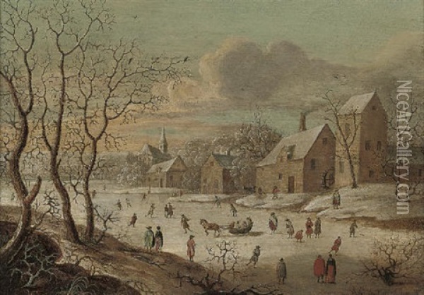 A Frozen River Landscape With Figures Playing Kolf, By A Village Oil Painting - Jan Griffier the Elder