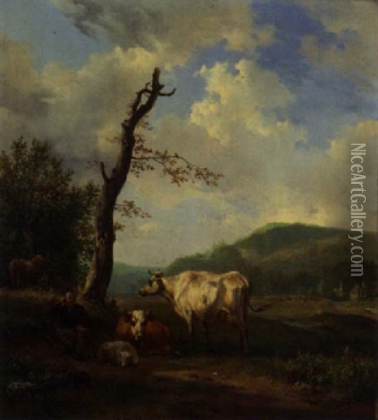 A Hilly Landscape With A Shepherd And His Flock Resting By A Tree Oil Painting - Hendrik van de Sande Bakhuyzen