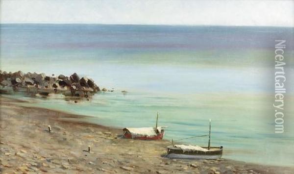 Sonnige Kustenpartie Mit Zwei Booten Auf Dem Strand. Oil Painting - Mose Bianchi