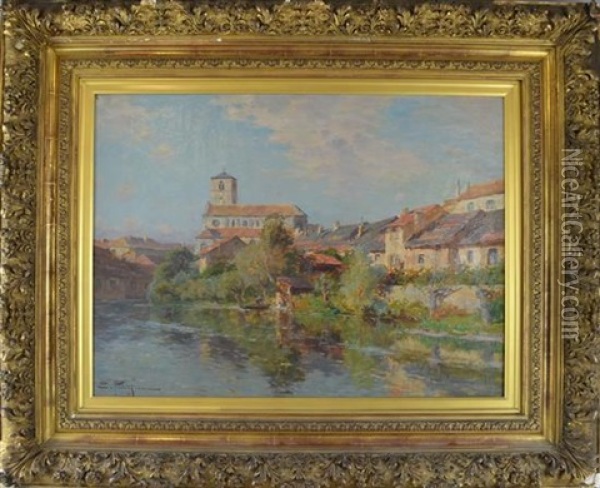 Village With Church Scene Looking Across River Oil Painting - Edmond Marie Petitjean