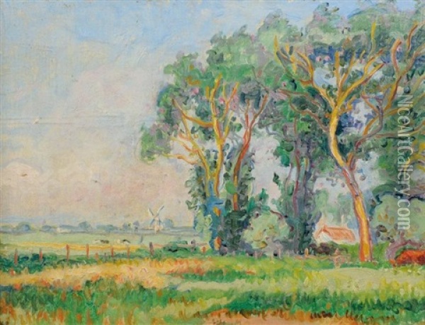 Paysage Aux Arbres Et Moulins Oil Painting - Jean Peske