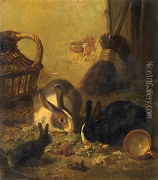 Hasenfamilie Vor Dem Stall, Buntes Gemuse Futternd Oil Painting - Gerard Johannes Bos