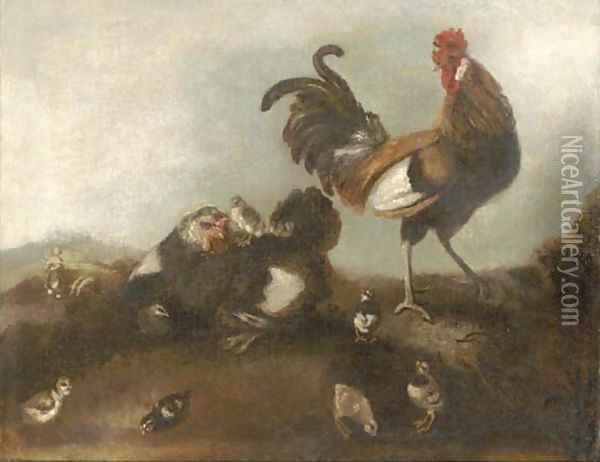 A chicken, cockerel and chicks Oil Painting - Angelo Maria Crivelli, Il Crivellone