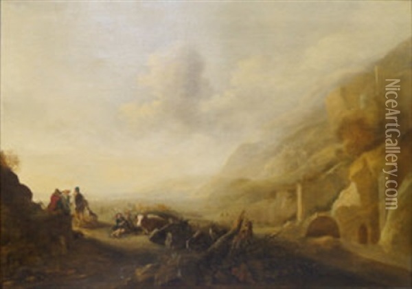 Pastoral Scene With Figures, Cattle And Sheep At An Encampment Near Ruins Oil Painting - Hendrick Mommers