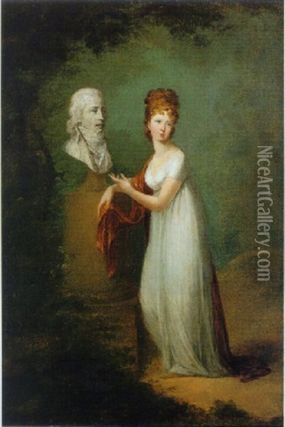 Portrat Einer Jungen, Adeligen Dame Im Park Vor Der Buste Ihres Mannes Stehend Oil Painting - Alexander Molinari