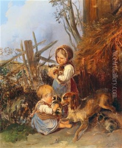 Two Girls With A Dog Family Oil Painting - Johann Matthias Ranftl