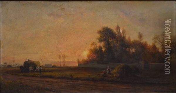 Le Repos Des Faneurs Au Coucher Du Soleil Oil Painting - Charles Felix Edouard Deshayes