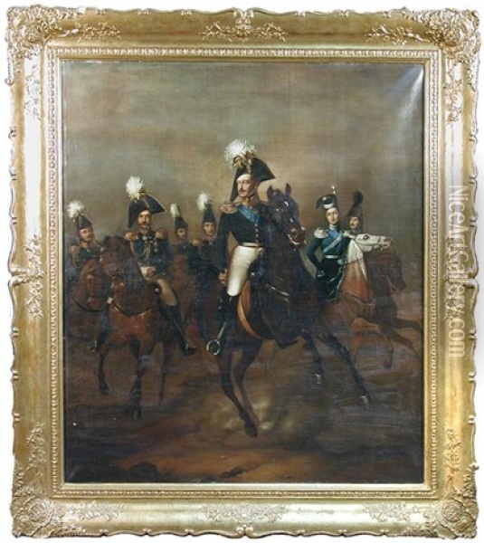 Cavalry Study Of Tsar Nicholas I Of Russia, With His Brother, The Grand Duke Michael, The Tsarevich Alexander And Prince Wolkonsky, On Chargers In A Landscape Oil Painting - Franz Krueger