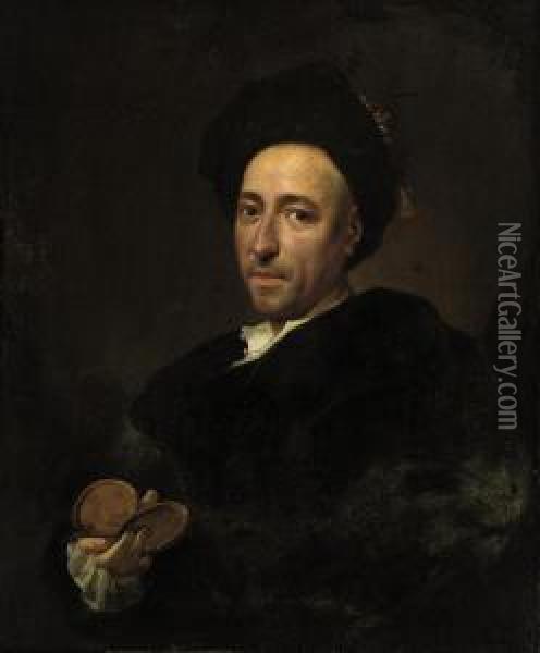 Portrait Of A Gentleman, 
Bust-length, In A Brown Coat And Cap, A Snuffbox In His Right Hand Oil Painting - Vittore Ghislandi