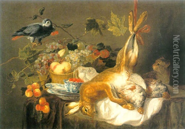 A Still Life Of A Hare, Pheasants, Grapes And Other Fruit In Baskets And Chinese Earthware, A Parrot And A Cat Oil Painting - Jan Fyt