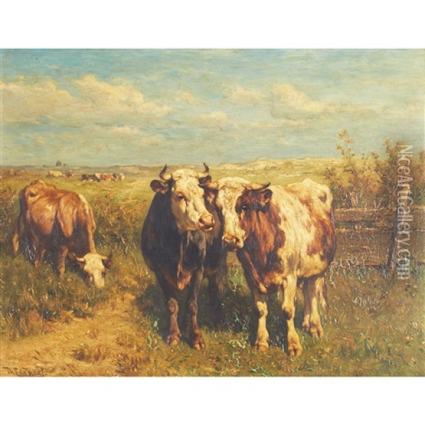 Cows In A Sunlit Field Oil Painting - Johannes Hubertus Leonardus de Haas