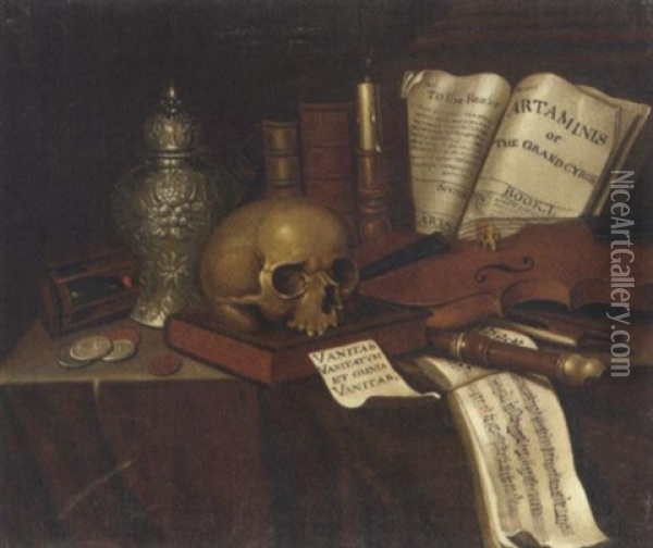 A Vanitas Still Life With Coins, Overturned Hour-glass, Urn, Skull, Candle, Books, Musical Instruments And A Score On A Table Oil Painting - Edward Collier