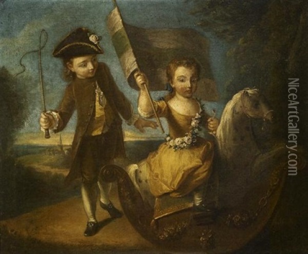 Double Portrait Of A Girl And A Boy, He In A Green Suit, She In A Yellow Dress, On A Rocking Horse, Holding A Flag Oil Painting - Philip Mercier