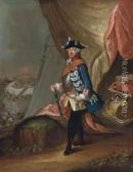 Portrait Of Frederick Ii Of 
Prussia (1712-1786), Full-length, Inmilitary Uniform, A Baton In His 
Right Hand, Standing In Alandscape, A Battle Beyond Oil Painting - Antoine Pesne