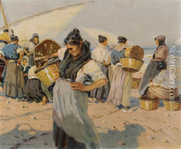 Mariscadoras En La Playa Oil Painting - Enrique Martinez Cubells y Ruiz