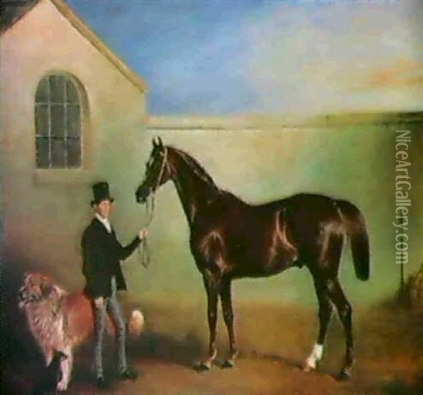 Mister Meakin Holding A Hunter With The Dogs Hector And Jem Before A Stable Oil Painting - John E. Ferneley