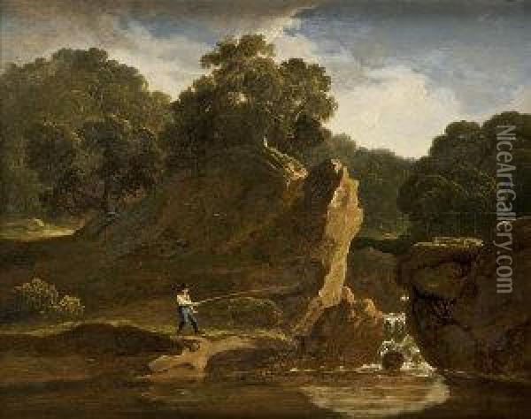 Waterfall, With Fisherman At Salmon Pool Oil Painting - James Arthur O'Connor