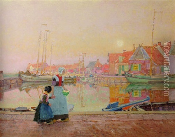 A Dutch Fishing Village At Dusk With Figures On A Quay Oil Painting - Hans Herrmann