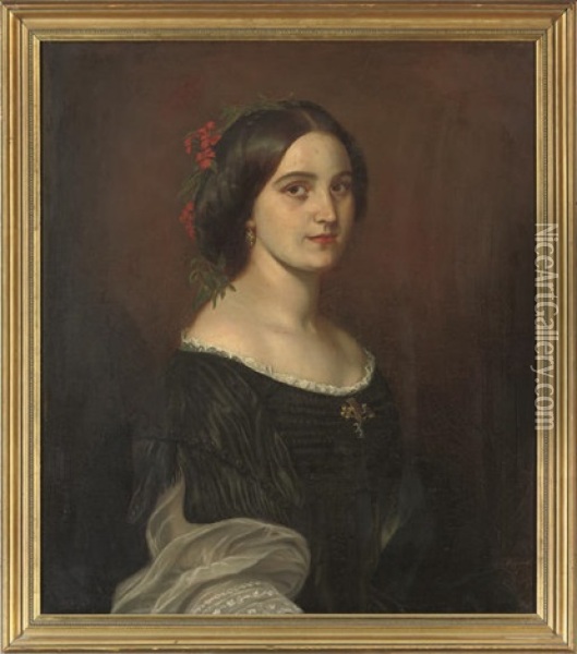 Portrait Of A Lady In A Black Dress With Lace Trim, Red Flowers In Her Hair Oil Painting - Johann Baptiste Berdelle