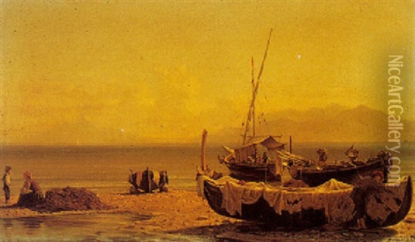 Fishermen With Boats On A Beach In Southern Italy Oil Painting - Friedrich Nerly the Younger