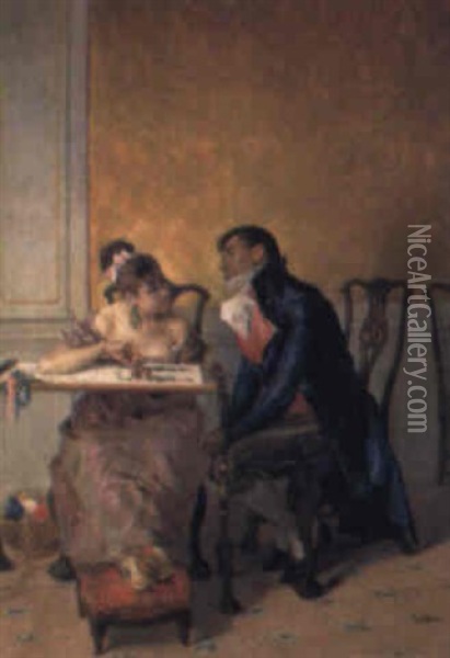 Caballero Cortejando A Una Dama Mientras Ella Borda Oil Painting - Jose Jimenez y Aranda