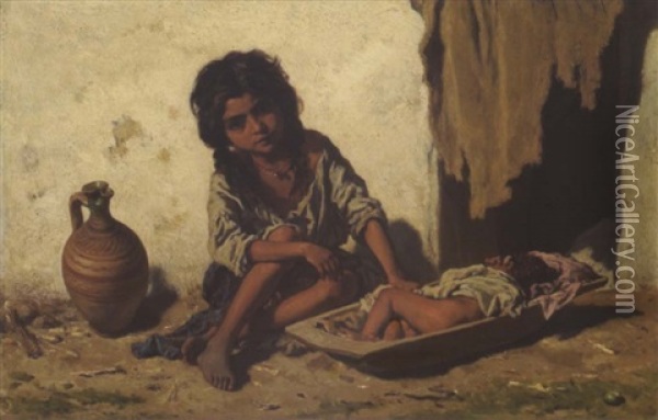 Zigeunermadchen Mit Kind Oil Painting - August Xaver Carl von Pettenkofen