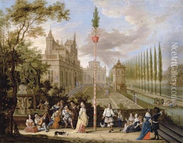 Elegant Company Making Music With A Lady And A Gentleman Dancing Around A Maypole, A Palace With An Ornamental Garden Beyond Oil Painting - Peter Gysels