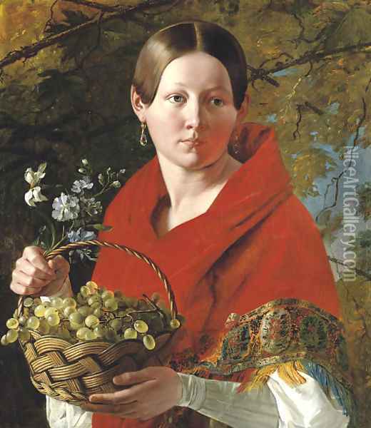 Portrait of a young woman holding a basket of grapes Oil Painting - Ivan Fomich Khrutskii