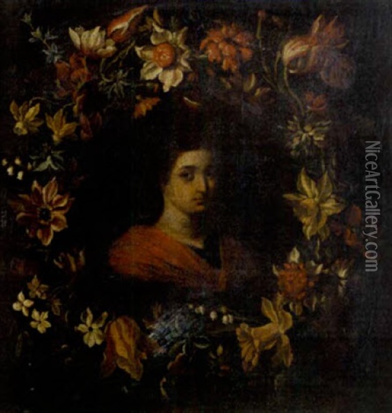 The Young Christ Surrounded By A Garland Of Flowers Oil Painting - Pier Francesco Cittadini