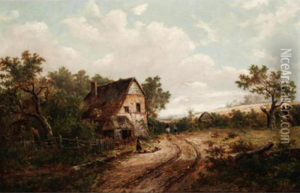 Landscape With Figures Outside A Cottage Oil Painting - Joseph Thors