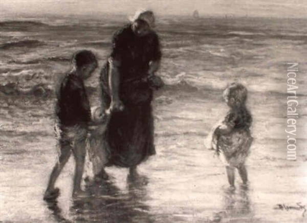 Mother And Children On The Beach Oil Painting - Bernardus Johannes Blommers