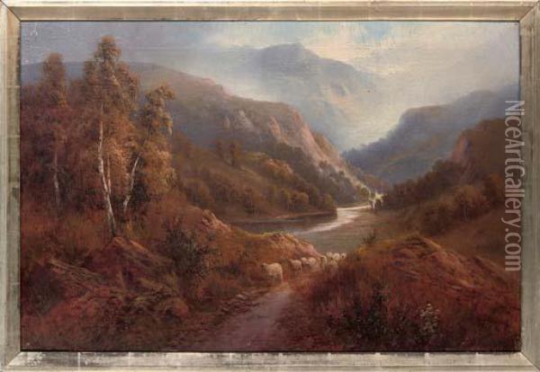 Sheep On A Beaten Track, A River And Mountains Beyond; And Returning Home Oil Painting - Clement Morris