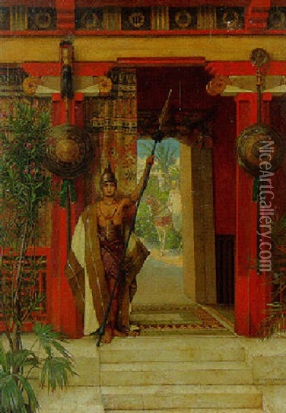 An Oriental Guard On The Porch Of A Palace Garden Oil Painting - Juliaan de Vriendt