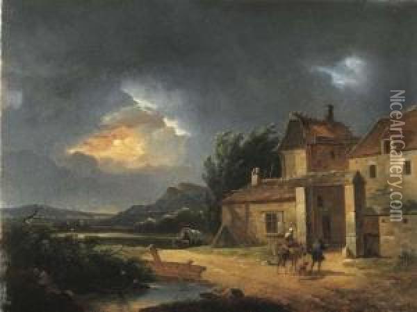 Paesaggio Tempestoso Con Viandanti Presso Una Fattoria Oil Painting - Jules Cesar Denis van Loo