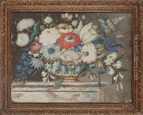 Corbeille De Fleurs Posee Sur Un Entablement Oil Painting - Octavianus Monfort