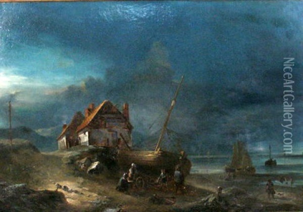 A Fisherman's Family By A Beached Sailing Vessel Oil Painting - Desire Donny