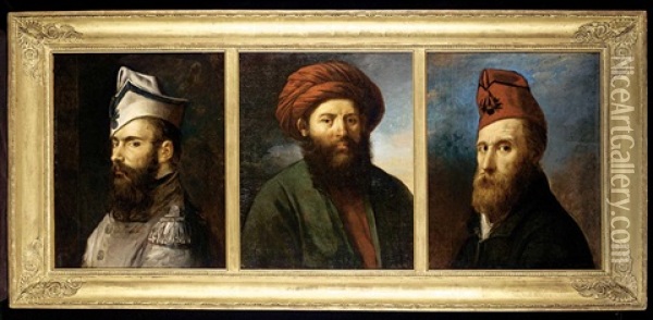 Portraits Of Gentlemen (3 Works Framed Together) Oil Painting - Robert Jacques Francois Faust Lefevre