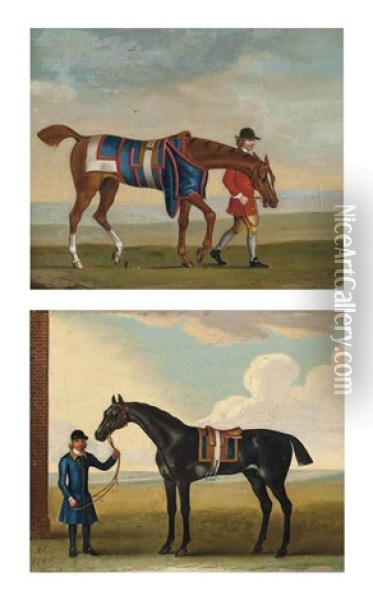 A Groom With A Grey Racehorse (+ A Groom With A Chestnut Racehorse; Pair) Oil Painting - James Seymour