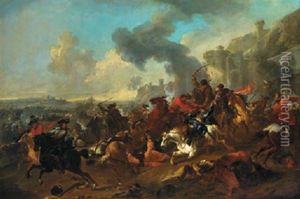 A Cavalry Engagement Before A Fortified Town Oil Painting - Jan van Huchtenburg