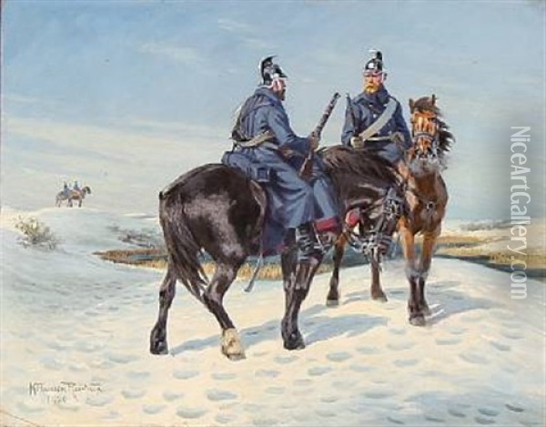 Winter Landscape With Dragoons On Horseback Oil Painting - Karl Frederik Christian Hansen-Reistrup