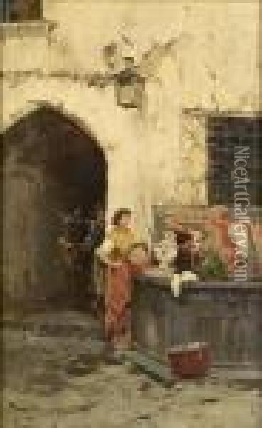 At The Fountain, Amalfi Oil Painting - Pietro Scoppetta