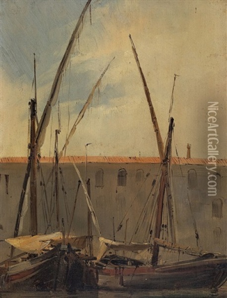 Segelschiffe In Einem Sudlichen Hafen (venedig?) Oil Painting - Richard Parkes Bonington