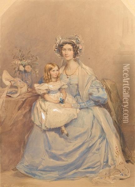 Mrs Robert Close (d.1874), 
Wearing Blue Dresswith Bertha And Gigot Sleeves, Gold Chain Around Her 
Neck And Goldring On Her Left Hand, Long White Gauze Shawl With 
Floralembroidered Border Around Her Shoulders, Her Brown Hair Dressed 
Insausage Curls Oil Painting - Francois Theodore Rochard