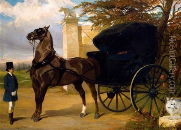 Cabriolet Devant Le Portail, Attelage Et Groom Devant Un Portail Oil Painting - Alfred De Dreux