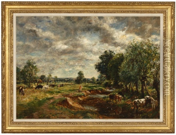 Cattle Watering And Grazing Near A Stream Oil Painting - Mark William Fisher
