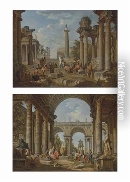 A Classical Capriccio With The Colosseum, Trajan's Column...(+ A Classical Capriccio With The Farnese Hercules...; Pair) Oil Painting - Giovanni Paolo Panini