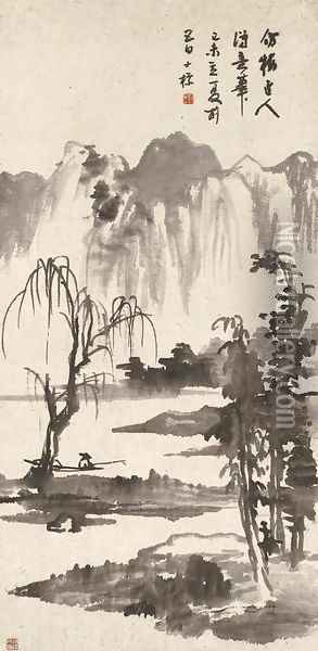 Fishing Alone in the Rain Mountain Oil Painting - Zha Shibiao