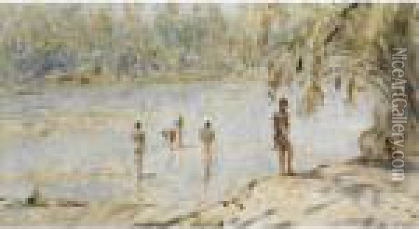 Figures On A River Bank, Watering Elephants In The Background Oil Painting - Marius Bauer