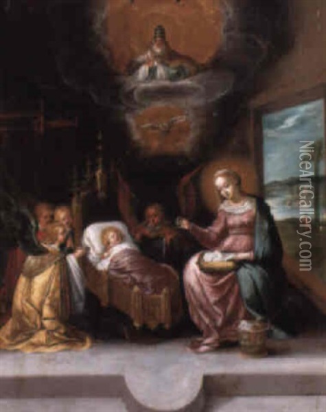 The Infancy Of Christ With The Trinity Oil Painting - Cornelis de Baellieur the Elder