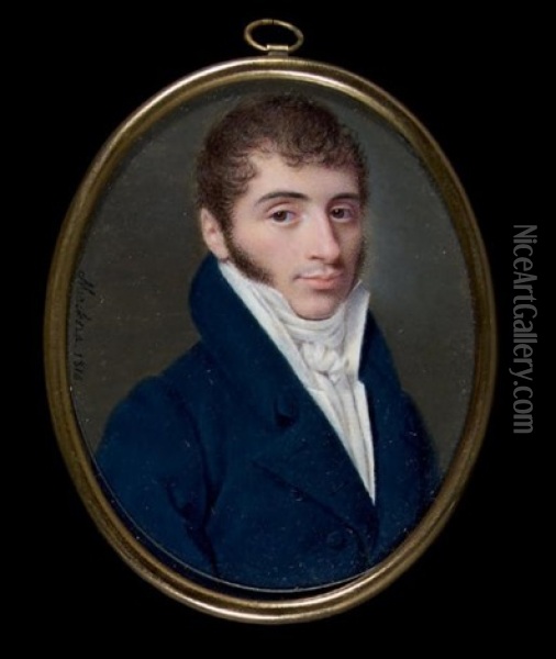 Portrait De Jeune Homme En Redingote Bleue, Gilet Et Cravate Blanche Oil Painting - Ferdinand Machera